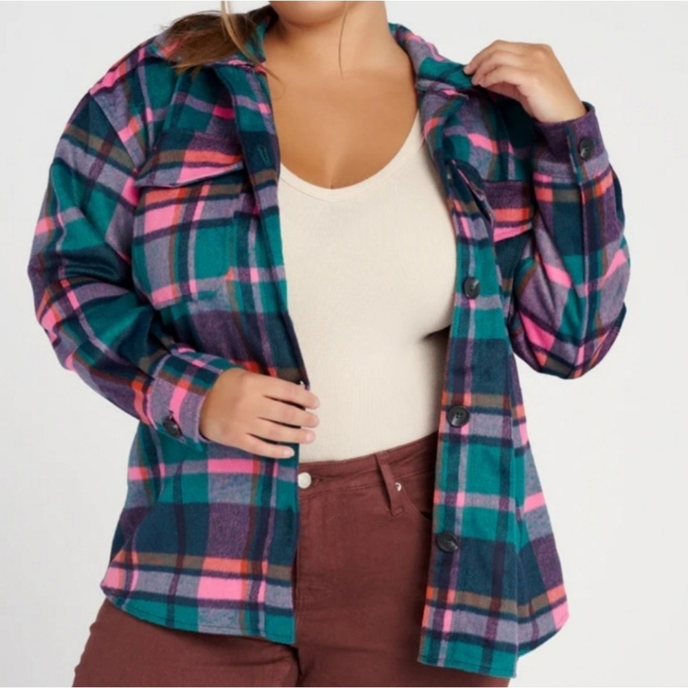 Anthropologie Avec Les NWT Plaid Shacket Button Front Shirt Jacket Teal Pink 2X